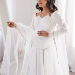 White Roman Silk Anarkali Suit Set