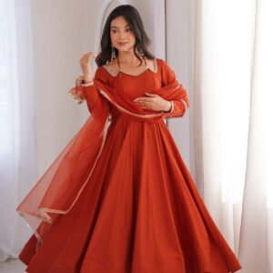 Rust Orange Roman Silk Chanderi Anarkali Suit with 4+ Meter Flair