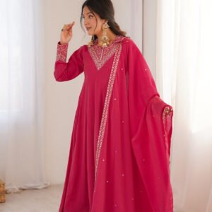 Rani Pink Roman Shimmer Silk Fully Flare Anarkali Set