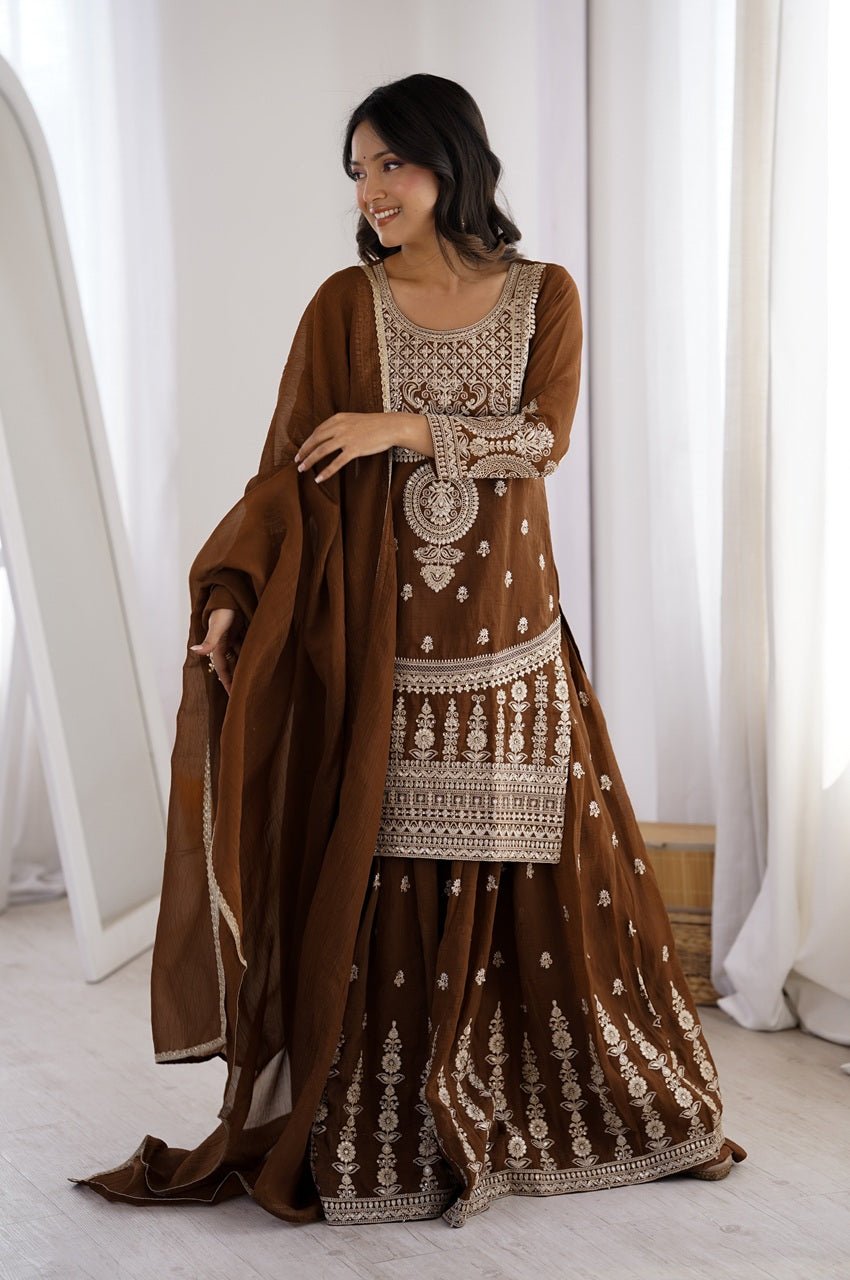 Brown Crunchy Silk Sharara Suit Brown Crunchy Silk Sharara Suit
