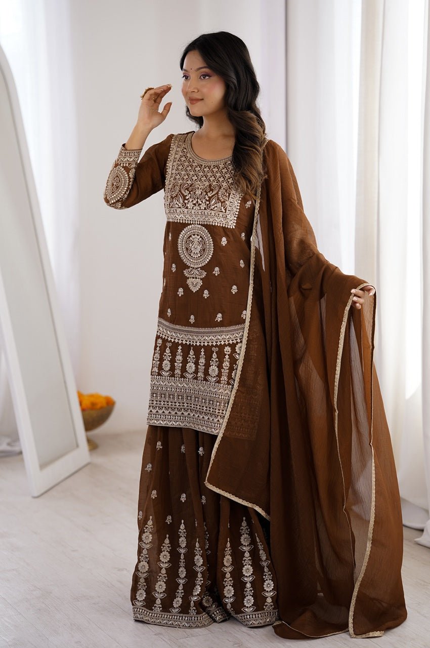 Brown Crunchy Silk Sharara Suit Brown Crunchy Silk Sharara Suit