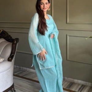 Cute Teal Crunchy Silk Farshi Salwar Suit