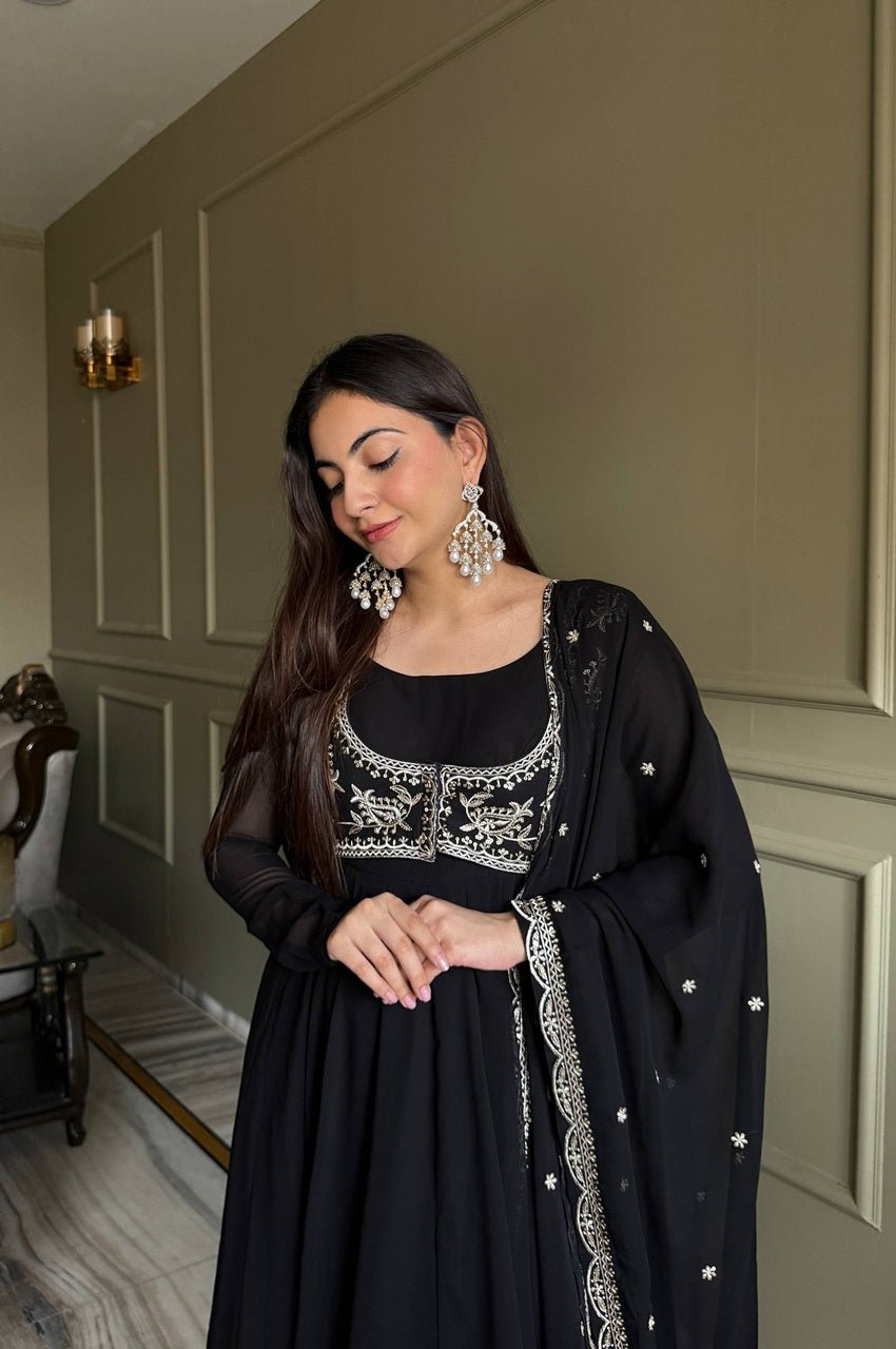 Jacket Style Black Anarkali Suit Set – Party Wear Georgette Anarkali Dress for Women Jacket Style Black Anarkali Suit Set – Party Wear Georgette Anarkali Dress for Women