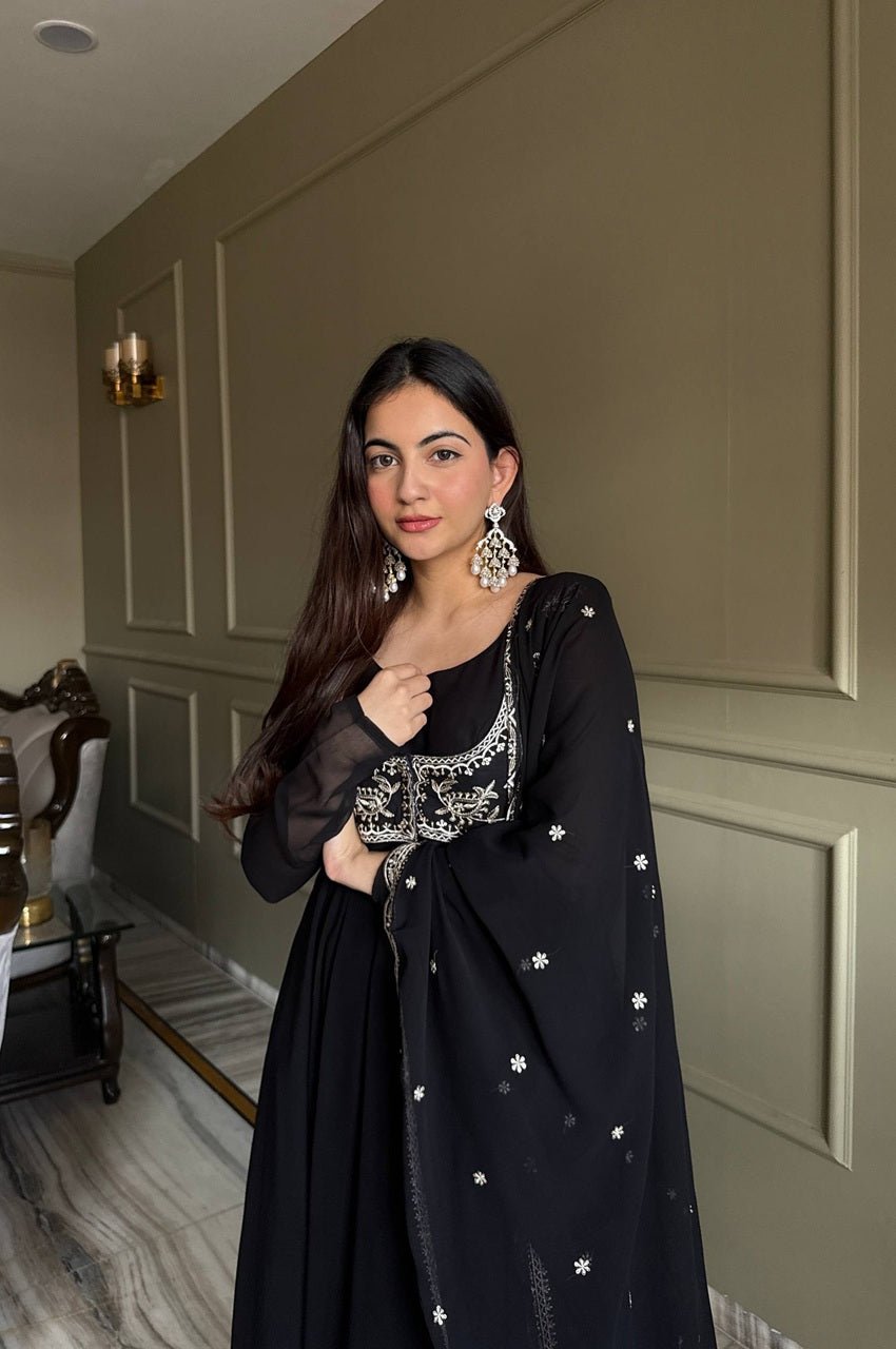 Jacket Style Black Anarkali Suit Set – Party Wear Georgette Anarkali Dress for Women Jacket Style Black Anarkali Suit Set – Party Wear Georgette Anarkali Dress for Women