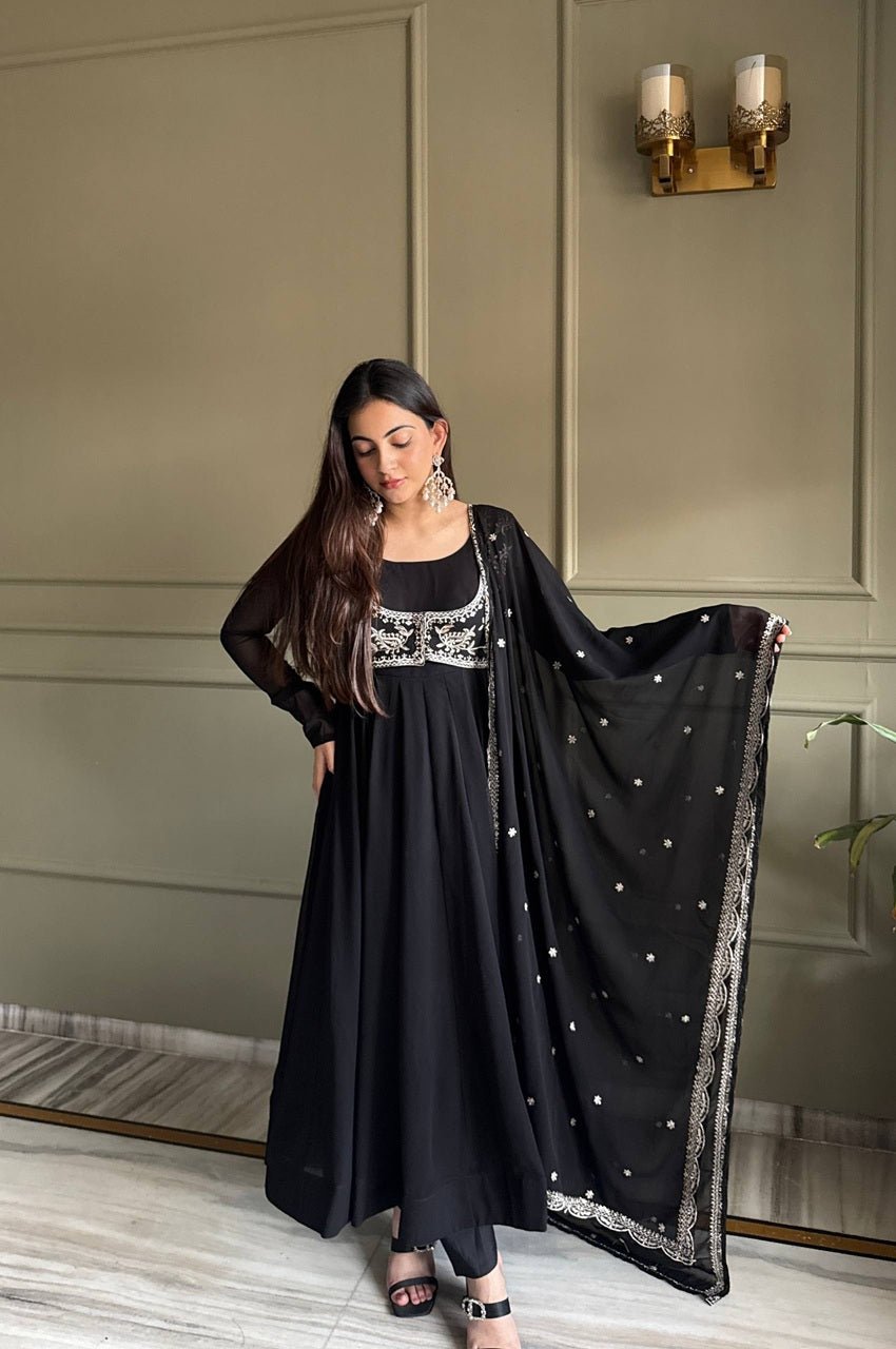 Jacket Style Black Anarkali Suit Set – Party Wear Georgette Anarkali Dress for Women Jacket Style Black Anarkali Suit Set – Party Wear Georgette Anarkali Dress for Women