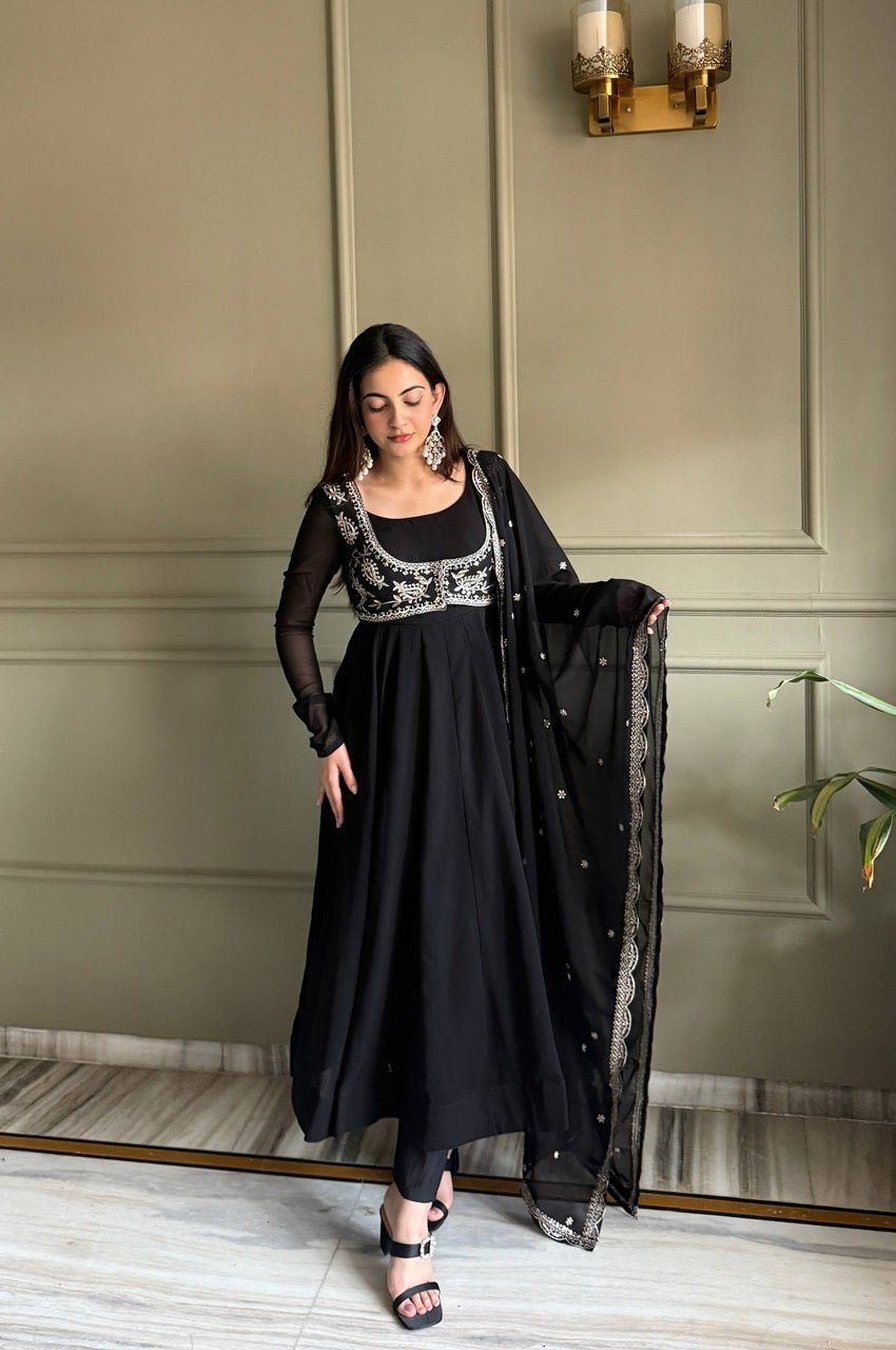 Jacket Style Black Anarkali Suit Set – Party Wear Georgette Anarkali Dress for Women Jacket Style Black Anarkali Suit Set – Party Wear Georgette Anarkali Dress for Women