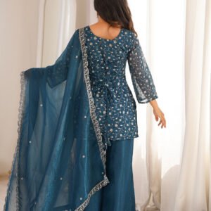 Teal Blue Crunchy Silk Kurta Set with Embroidery Sequence & Jari Wor