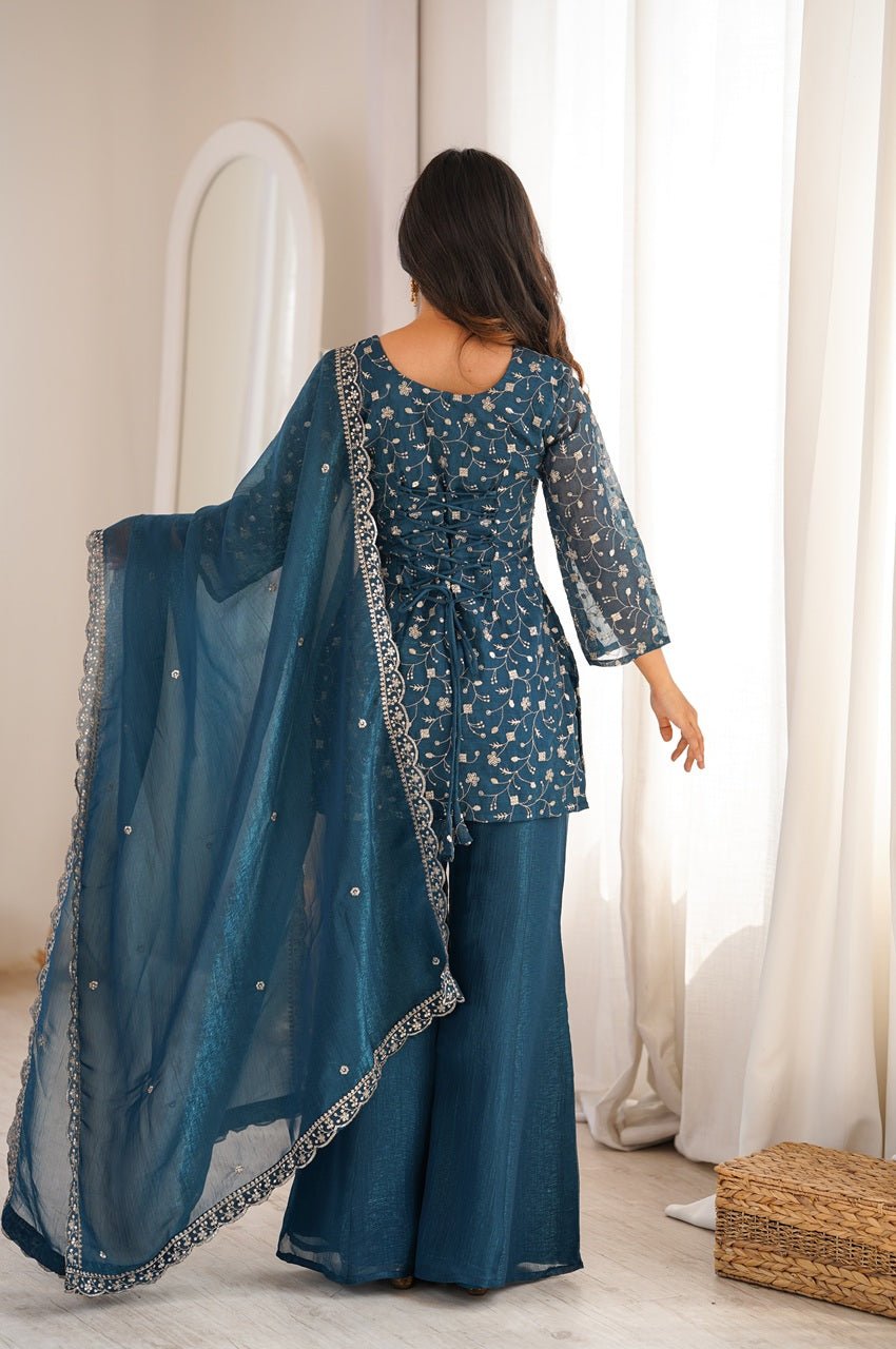 Teal Blue Crunchy Silk Kurta Set with Embroidery Sequence & Jari Wor Teal Blue Crunchy Silk Kurta Set with Embroidery Sequence & Jari Wor