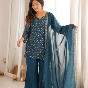 Teal Blue Crunchy Silk Kurta Set with Embroidery Sequence & Jari Wor