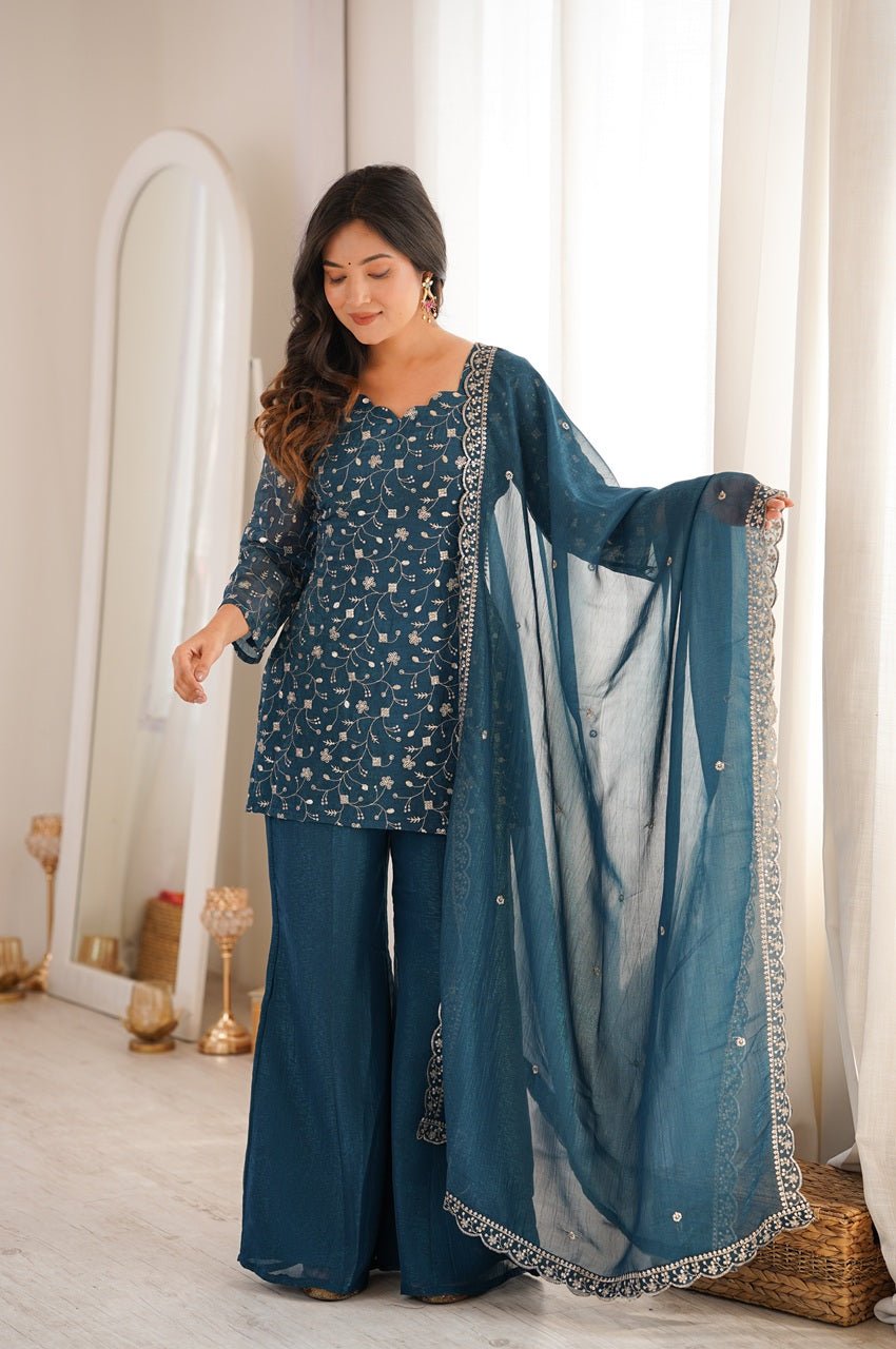 Teal Blue Crunchy Silk Kurta Set with Embroidery Sequence & Jari Wor Teal Blue Crunchy Silk Kurta Set with Embroidery Sequence & Jari Wor