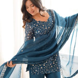Teal Blue Crunchy Silk Kurta Set with Embroidery Sequence & Jari Wor