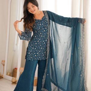 Teal Blue Crunchy Silk Kurta Set with Embroidery Sequence & Jari Wor