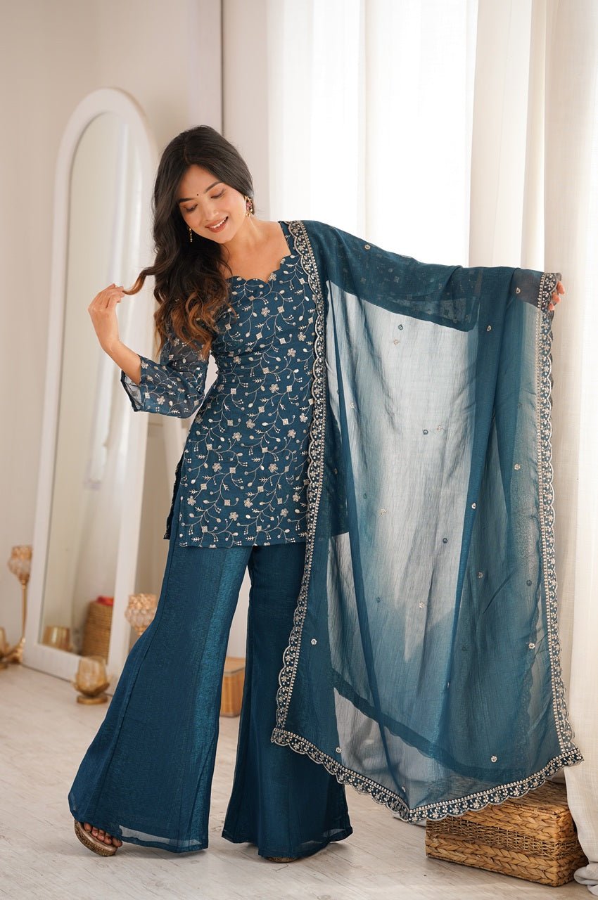 Teal Blue Crunchy Silk Kurta Set with Embroidery Sequence & Jari Wor Teal Blue Crunchy Silk Kurta Set with Embroidery Sequence & Jari Wor