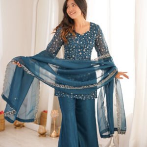 Teal Blue Crunchy Silk Kurta Set with Embroidery Sequence & Jari Wor