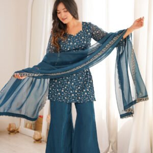 Teal Blue Crunchy Silk Kurta Set with Embroidery Sequence & Jari Wor