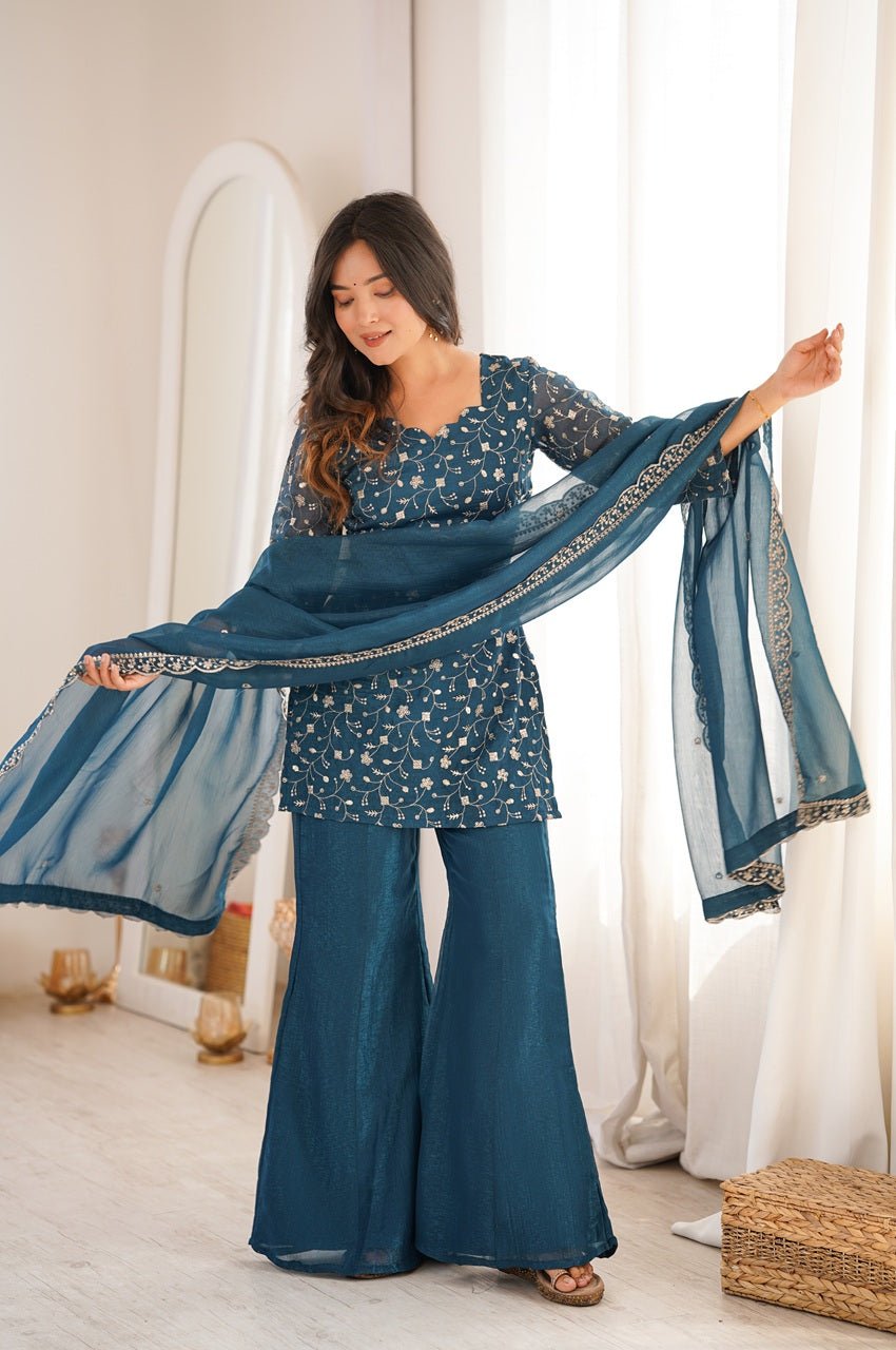 Teal Blue Crunchy Silk Kurta Set with Embroidery Sequence & Jari Wor Teal Blue Crunchy Silk Kurta Set with Embroidery Sequence & Jari Wor