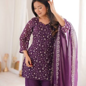 Wine Crunchy Silk Embroidered Kurta Set with Bell Bottom