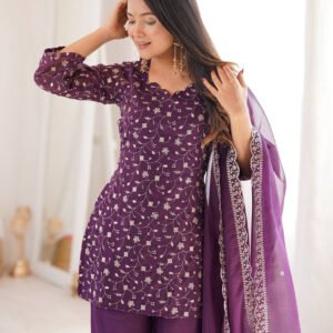 Wine Crunchy Silk Embroidered Kurta Set with Bell Bottom