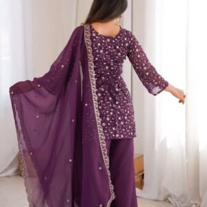 Wine Crunchy Silk Embroidered Kurta Set with Bell Bottom