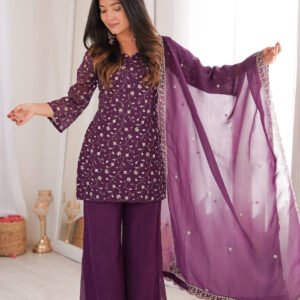 Wine Crunchy Silk Embroidered Kurta Set with Bell Bottom