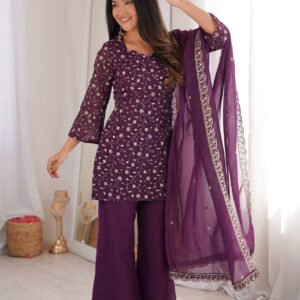 Wine Crunchy Silk Embroidered Kurta Set with Bell Bottom