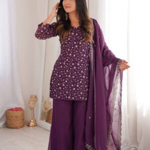 Wine Crunchy Silk Embroidered Kurta Set with Bell Bottom
