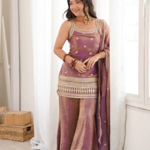 Premium Dusty Pink Frendy Silk Embroidered Kurta Set with Bell Bottom Pant