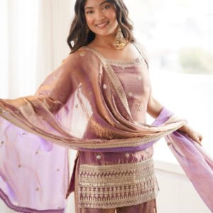 Premium Dusty Pink Frendy Silk Embroidered Kurta Set with Bell Bottom Pant