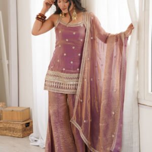 Premium Dusty Pink Frendy Silk Embroidered Kurta Set with Bell Bottom Pant