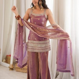 Premium Dusty Pink Frendy Silk Embroidered Kurta Set with Bell Bottom Pant