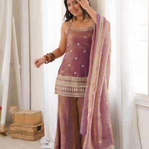 Premium Dusty Pink Frendy Silk Embroidered Kurta Set with Bell Bottom Pant