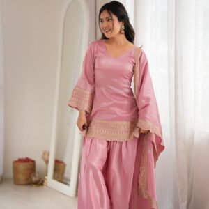 Baby Pink Glass Roman Silk Embroidered Kurta with Farshi Shalwar