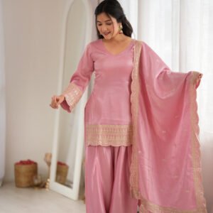 Baby Pink Glass Roman Silk Embroidered Kurta with Farshi Shalwar