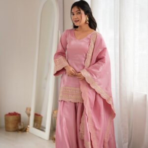 Baby Pink Glass Roman Silk Embroidered Kurta with Farshi Shalwar