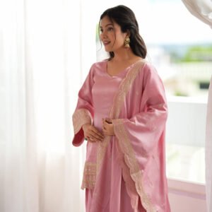Baby Pink Glass Roman Silk Embroidered Kurta with Farshi Shalwar