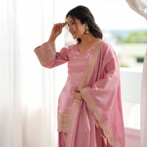 Baby Pink Glass Roman Silk Embroidered Kurta with Farshi Shalwar