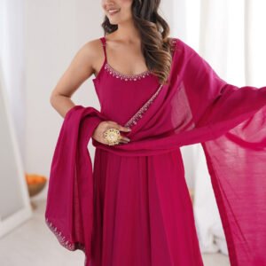 Rani Pink Roman Silk Chanderi Anarkali Gown Set with Pant and Dupatta