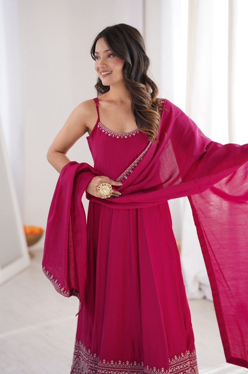 Rani Pink Roman Silk Chanderi Anarkali Gown Set with Pant and Dupatta Rani Pink Roman Silk Chanderi Anarkali Gown Set with Pant and Dupatta