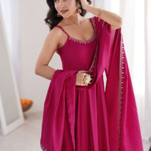 Rani Pink Roman Silk Chanderi Anarkali Gown Set with Pant and Dupatta
