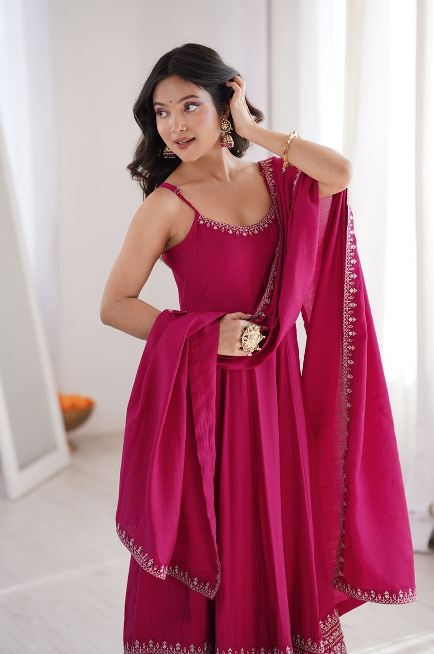 Rani Pink Roman Silk Chanderi Anarkali Gown Set with Pant and Dupatta Rani Pink Roman Silk Chanderi Anarkali Gown Set with Pant and Dupatta