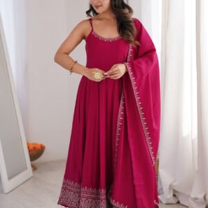 Rani Pink Roman Silk Chanderi Anarkali Gown Set with Pant and Dupatta
