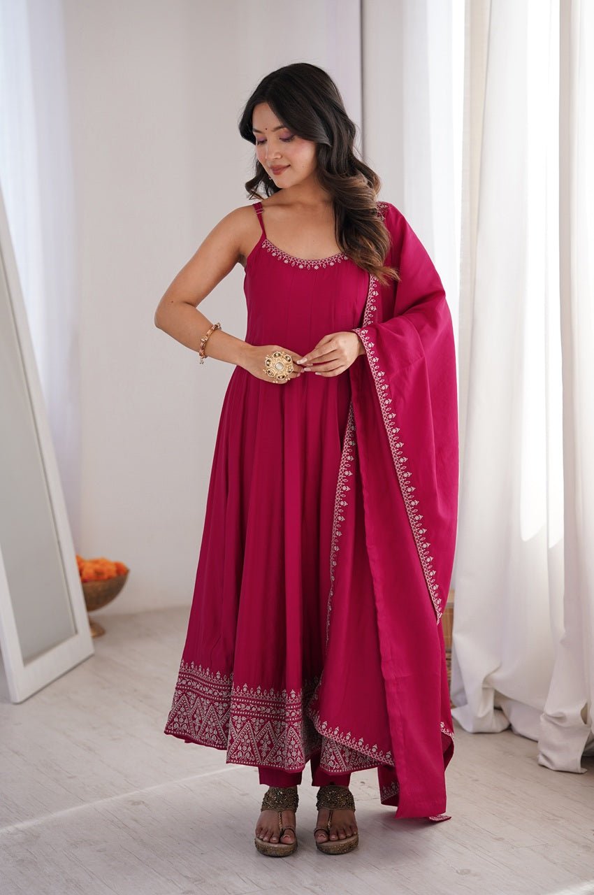 Rani Pink Roman Silk Chanderi Anarkali Gown Set with Pant and Dupatta Rani Pink Roman Silk Chanderi Anarkali Gown Set with Pant and Dupatta
