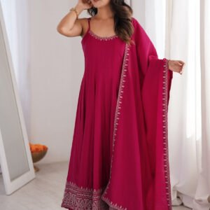 Rani Pink Roman Silk Chanderi Anarkali Gown Set with Pant and Dupatta