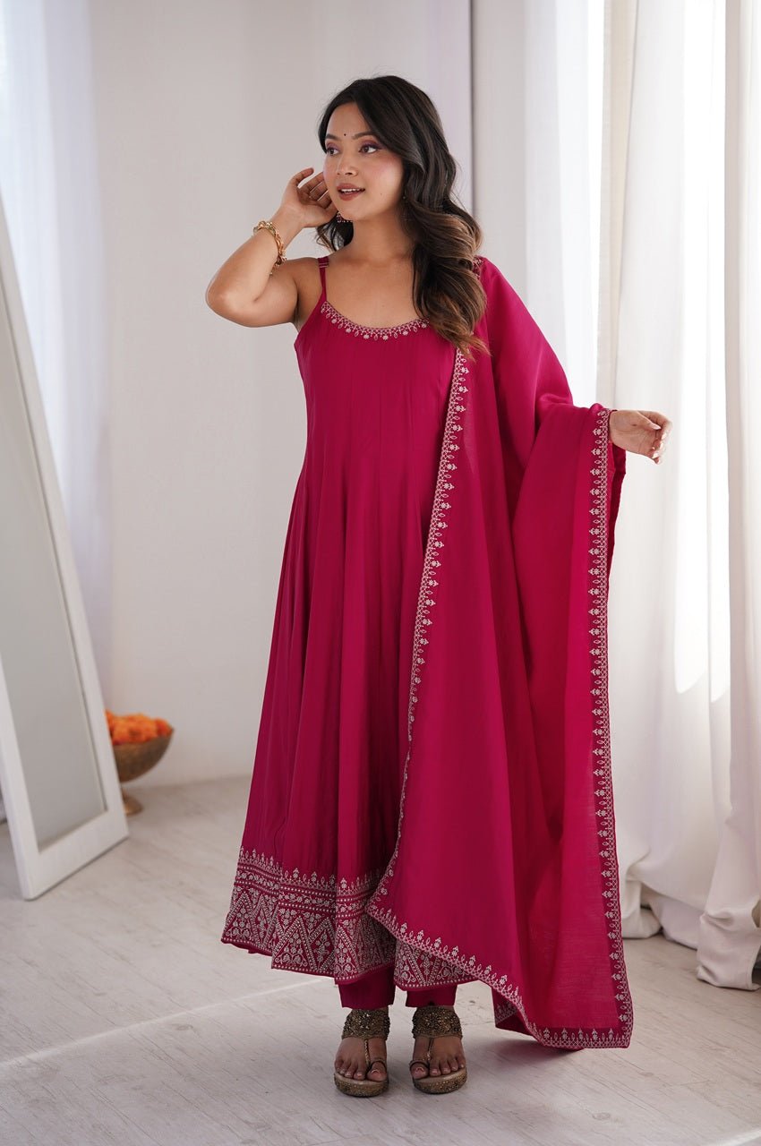 Rani Pink Roman Silk Chanderi Anarkali Gown Set with Pant and Dupatta Rani Pink Roman Silk Chanderi Anarkali Gown Set with Pant and Dupatta