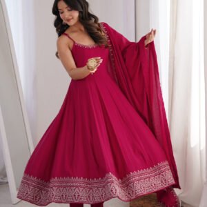 Rani Pink Roman Silk Chanderi Anarkali Gown Set with Pant and Dupatta