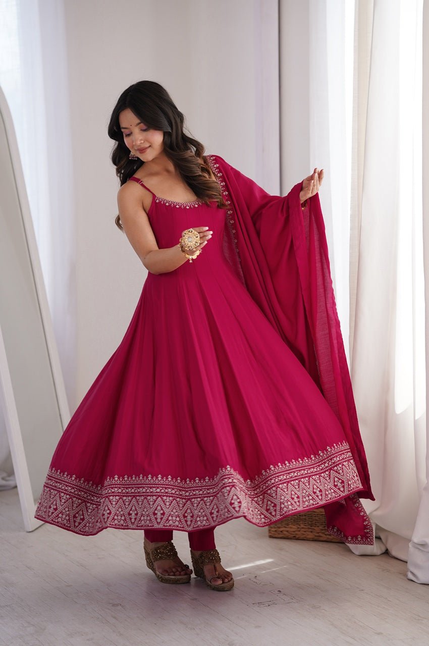 Rani Pink Roman Silk Chanderi Anarkali Gown Set with Pant and Dupatta Rani Pink Roman Silk Chanderi Anarkali Gown Set with Pant and Dupatta