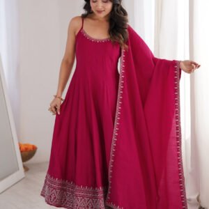 Rani Pink Roman Silk Chanderi Anarkali Gown Set with Pant and Dupatta