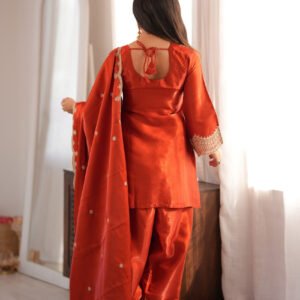 Rust Orange Glass Roman Silk Kurti Set