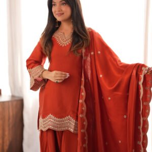 Rust Orange Glass Roman Silk Kurti Set