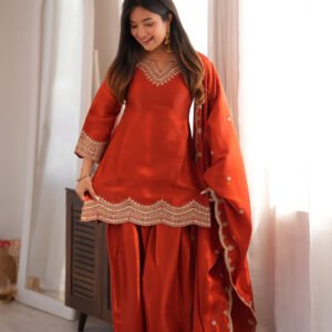 Rust Orange Glass Roman Silk Kurti Set